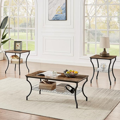 VECELO 3 Pieces Living Room Table Sets, Coffee and End Tables with Open Storage Shelves for Apartment, Home Office, Small Space, Easy Assembly, Brown