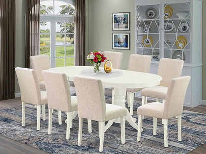 East West Furniture VAAB9-LWH-02 9 Piece Dining Room Set Includes an Oval Wooden Table with Butterfly Leaf and 8 Light Beige Linen Fabric Parson Dining Chairs, 40x76 Inch, Linen White