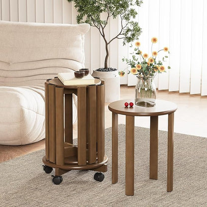 Stackable Stools Set of 4, 4‑in‑1 Bamboo Nesting Stools & End Tables with Wheels, 18″ Round Portable Barstools No‑Assembly Stool for Kitchen Living Room Bar Dorm, Walnut