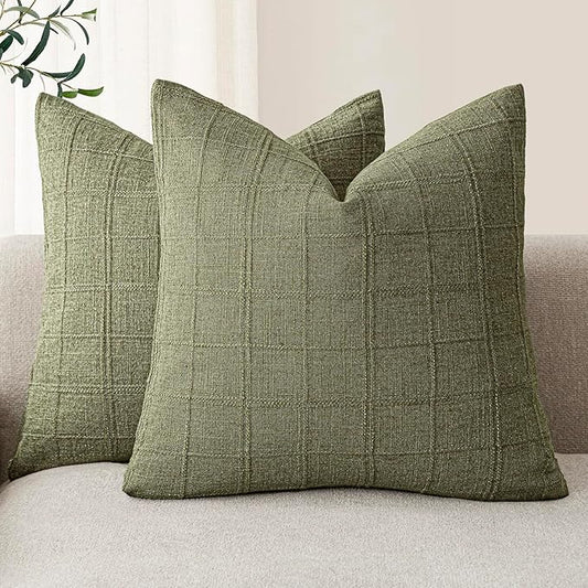 Foindtower Set of 2 Decorative Linen Check Throw Pillow Covers Neutral Farmhouse Vintage Cushion Covers Modern Boho Home Decor for Sofa Chair Couch Bedroom Living Room Outdoor,26×26 Inch,Sage Green