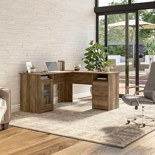 Bush Furniture Cabot 60W L Shaped Computer Desk with Storage in Reclaimed Pine