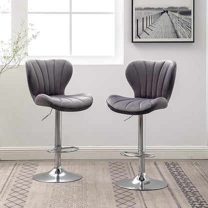 Roundhill Furniture Ellston Velvet Adjustable Swivel Barstools in Gray, Set of 2, Grey