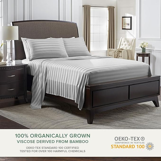 Queen Sheets by Pure Bamboo, Genuine 100% Organic Viscose Derived from Bamboo Bed Sheet Set, Luxuriously Soft & Cooling, Double Stitching, Lifetime Quality Promise (Queen, Jacquard Silver)