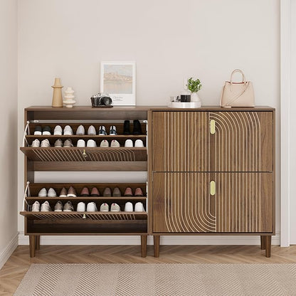 Smuxee Shoe Cabinet with 2 Flip Drawers, 31.5" Walnut Hidden Shoe Storage Cabinet with Line Groove Design, Freestanding Shoe Organizer Cabinet for Entryway, Hallway, Living Room