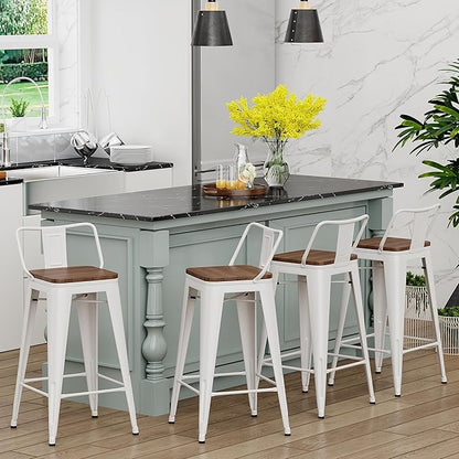 Yongchuang 30 inch Bar Stools Set of 4 Bar Height Metal Barstools with Wood Seat Low Back Kitchen Bar Chairs Cream White