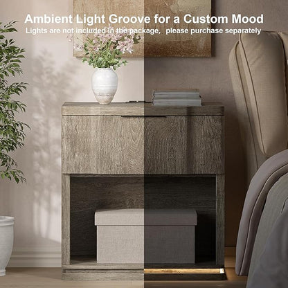 Night Stand with Charging Station, Wooden Mid Century Modern Nightstand with Drawer, Bed Side Table with Storage, Large Rustic Farmhouse End Tables for Bedroom Living Room Office