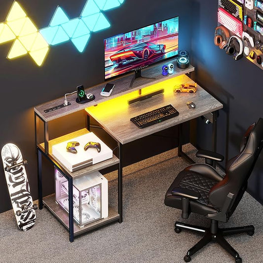 AODK Computer Desk, 48 Inch Gaming Desk with Led Lights & Power Outlet, Office Desk with Storage Shelves, Reversible Desk with Monitor Shelf & Headphone Hook, Grey Oak