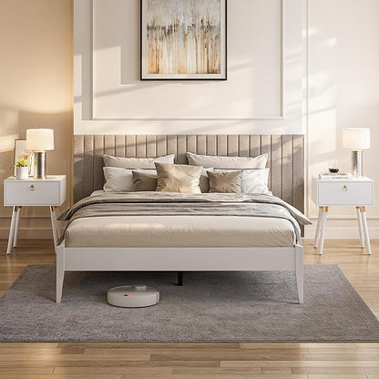 Bme Dinkee Signature Ivory White King Bed Frame Without Headboard - Modern & Minimalist Style with Acacia Wood - 12 Strong Wood Slat Support - Easy Assembly - No Box Spring Needed
