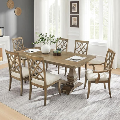 KEIKI Retro 7-Piece Wooden Dining Table Set for 6 Person, Vintage Table Set with Extendable Rectangular MDF Wood Grain Table and 6 Upholstered Chair, Easy Assembly, for Kitchen, Dining Room, White Oak