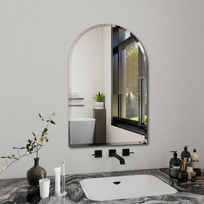 Arched Bathroom Mirror, 24X40 inch Arched Frameless Mirror, Arch Wall Mirror，Frameless Mirrors for Bathroom,Beveled Bathroom Mirror.