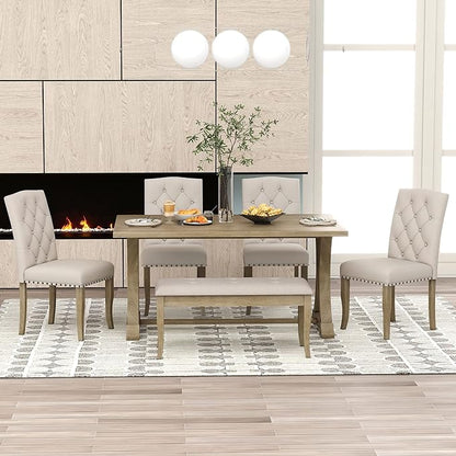 Ball & Cast Dining Table Set for 6, 60" Rectangular Dining Room Table with 4 Upholstered Chairs and 1 Bench, 6-Piece Farmhouse Dining Furniture Set with Solid Wood Legs for Kitchen,Natural Wood Wash