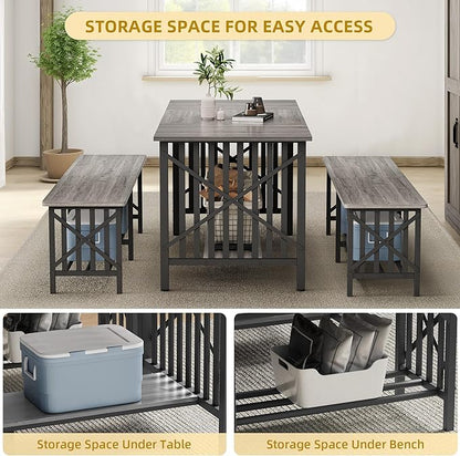 DWVO 3-Piece Dining Table Set for 4-6 People, 63" Dining Room Table with 2 Benches, Industrial Rectangular Dining Room Table Set with Storage for Kitchen, Dining Room, Grey