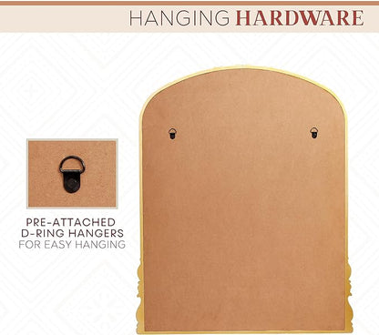 English Estate Carved Arch Wood Wall Mirror, Mirror for Entryway, Living Room, Bathroom, Antique Gold, 28.4x35