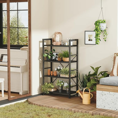 VERMESS 4 Tier Bookshelf, Tall Book Shelf, Vintage Industrial Bookcase with Open Display Shelves, Wood Storage Shelving Unit Metal Frame Standing Bookshelves for Bedroom/Home/Office, Black