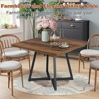 Square Dining Table for 4, 31.5-Inch Farmhouse Dinner Table Wooden Kitchen Tables with Metal Base for Dining Room, Kitchen, Living Room, Brown