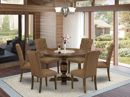 East West Furniture F3EL7-718 7 Piece Kitchen Table Set Consist of a Round Dining Table with Pedestal and 6 Brown Linen Linen Fabric Parsons Dining Chairs, 48x48 Inch, Distressed Jacobean