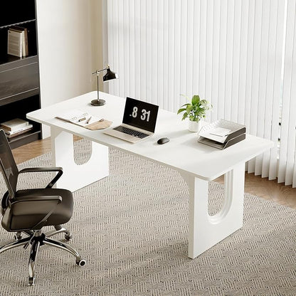LITTLE TREE 70.8-Inch Home Office Desk, White Computer Desk with Storage, Study Writing Work Desk for Home Office, Spacious Modern Simple Desk,White