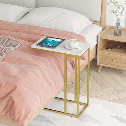 Yusong C Shaped End Table, Couch Side Table That Slide Under Sofa Bed, Small Table for Small Spaces, Skinny Overbed Table for Coffee Drink Snack, Living Room, Gold and White Marbled Wooden Top