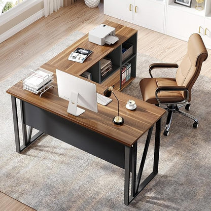 LITTLE TREE 55-Inch L-Shaped Computer Desk, Large Corner Desk with Drawers, Modern Office Workstation Study Desk, Corner Computer Desk for Home Office, Bedroom, Brown