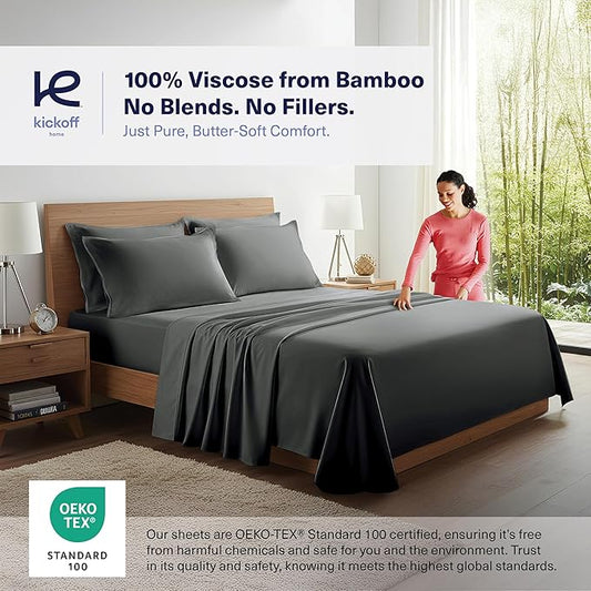 Kickoff Viscose Bamboo Sheets California King Size 4-pc 100% Organic Bamboo Viscose Bed Cooling Sheets Cal King Set Cool Bedding for hot Sleepers Sheet, Flat, Fitted, Pillowcases (Pewter, CK)