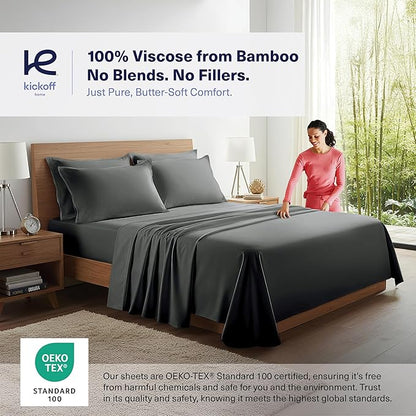 Kickoff Viscose Bamboo Sheets Full Size 4-pc 100% Organic Bamboo Viscose Bed Cooling Sheets Full Size Set Cool Bedding for hot Sleepers Sheet, Flat, Fitted, Pillowcases (Pewter, F)