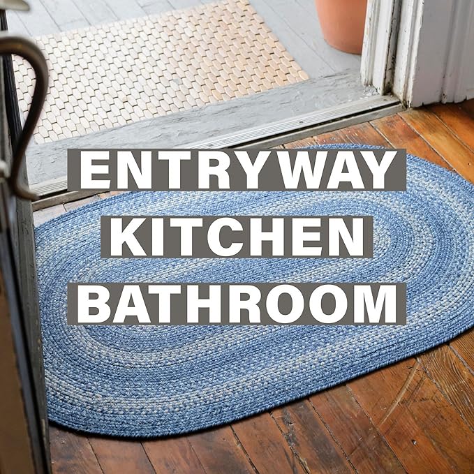 Denim Blue Jute Braided Oval Rugs, 16x24 - Country Style Coastal Decor, Perfect for Laundry Rooms, Bathrooms and Entryways - Durable and Easy to Clean