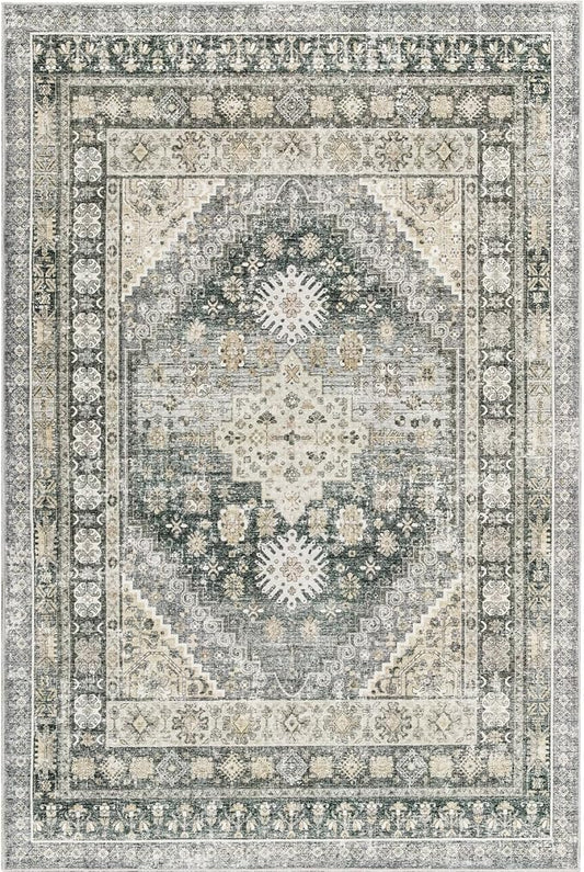 zesthome 8x10 Area Rugs for Living Room,Non-Slip Backing Washable Rugs,Vintage Large Area Rug，Stain Resistant Home Decor Rug (Wheat/Charcoal,8'x10')