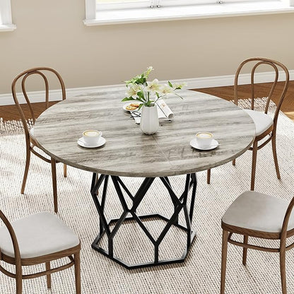 GarveeHome Round Dining Table for 4-6 People, 47 Inch Farmhouse Kitchen Table, Sturdy Metal Base, Industrial Wood Dinning Room Table for Kitchen, Grey