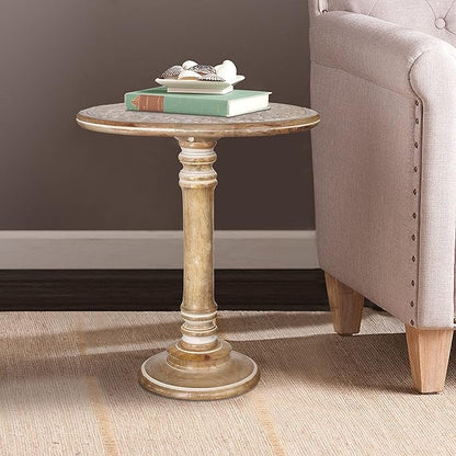 Lightnpro Handcrafted Wooden Single Pillar Table - Small Accent Side End Table, Bedside Nightstand, Entryway, Living Room - Vintage Desk for Books, Plants & Décor - 18x22 Inch, Distressed White