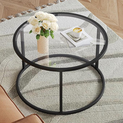 SAYGOER Round Coffee Table Glass Small Coffee Tables for Living Room, 27.6 inch Modern Center Table for Office Apartment, 5 MM Tempered Clear Glass Top, Black Metal Frame