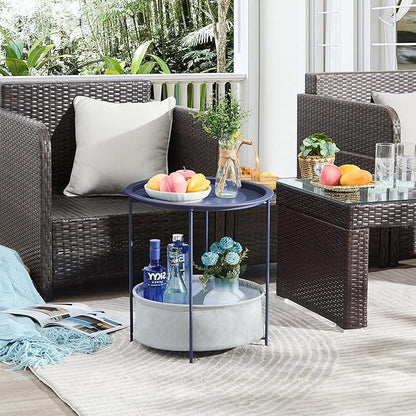 VECELO Round Side/End Table with Fabric Storage Basket，Metal Anti-Rust and Waterproof Small Bedside Nightstand with Removable Tray Top for Living Room，Balcony & Laundry，Blue /1pcs with Basket