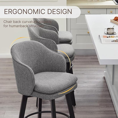 Counter Height Barstools 26 inch Upholstered Swivel Bar Stools with Back and Wood Legs for Kitchen Island,Set of 2,Dark Grey Fabric