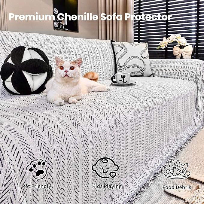 Nobildonna Sofa Cover Washable Soft Thicken Chenille Couch Cover with Tassel,Waterproof Sofa Slipcover for 3-4 Cushion Couch,Sectional Sofa,L-Shaped Furniture Protector Pet-Friendly,Beige 91"x150"
