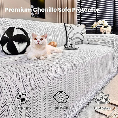 Nobildonna Sofa Cover Washable Soft Thicken Chenille Couch Cover with Tassel,Waterproof Sofa Slipcover for 3-4 Cushion Couch,Sectional Sofa,L-Shaped Furniture Protector Pet-Friendly,Beige 91"x150"