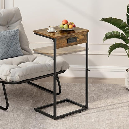 Vagusicc C Shaped End Table with Charging Station, Adjustable Height Side Table for Couch, Small Side Table, 33.2'' Tall Couch Tables That Slide Under, Tv Tray End Table for Living Room, Rustic Brown
