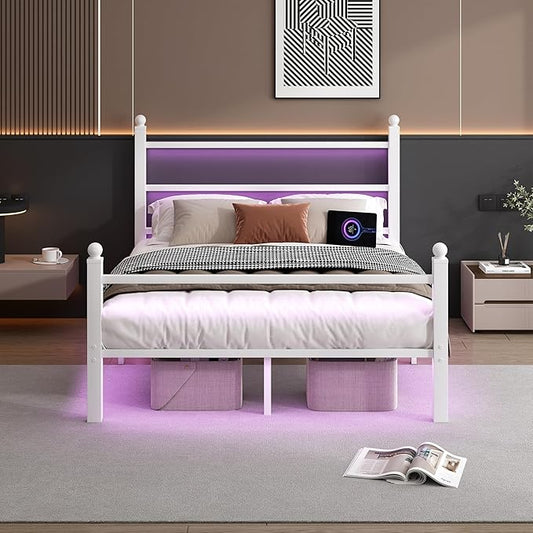Queen Bed Frame with Headboard and Footboard,Steel Slats Support-LED Bed Frame with USB Charging Station,Mattress Foundation-Under Bed Storage,No Box Spring Needed,Noise Free,White