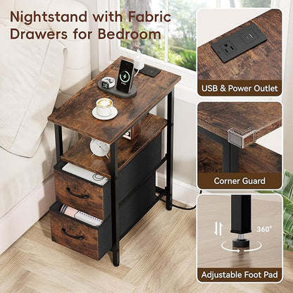 Vagusicc End Table with Charging Station Set of 2, Narrow Side Table, 23.8'' Tall Nightstand with 2 Drawers, Small Sofa Side Table Narrow Nightstand for Small Spaces Living Room, Bedroom, Rustic Brown