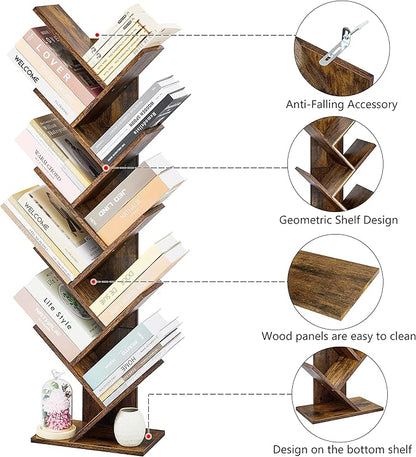 Hoctieon 10 Tier Tree Bookshelf, 10 Shelf Bookcase, Free Standing Tree Bookcase, Display Floor Standing Shelf for Books, Book Organizer Shelves for Home Office, Living Room, Bedroom, Rustic Brown