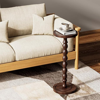Solid Wood Drink Table, Rubber Wood‌ Small Round Side Table for Small Spaces, Martini Tables, Pedestal End Tables for Living Room, Bedroom, Corners, and Office (Dark Walnut, 9.4 inch)