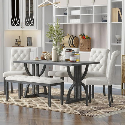 SogesPower 6-Piece Dining Table Set, Rectangular Farmhouse Kitchen Dining Table Set with 4 Upholstered Chairs & 1 Bench, Retro Kitchen Table Set for 4-6 for Dining Room Living Room, Gray Wash
