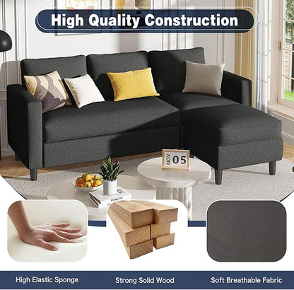 Small Sectional Sofa Couch, 3 Seat L Shaped Couches with Ottoman, Upholstered Fabric Convertible Sofa, Small Couch for Apartments, Living Room and Office (Black)