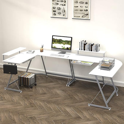 SHW 51 x 51 Inches Vista L-Shaped Desk with Monitor Stand and Drawer, White