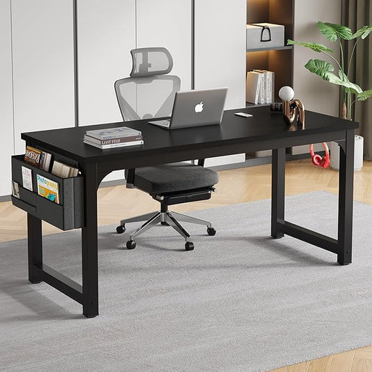 Large Computer Desk - 63 Inch Home Office Desks Study Student Writing Table Gaming Desk Wood Modern Simple Table with Storage Bag & Headphone Hooks, Black