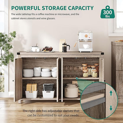 YITAHOME Buffet Cabinet with Storage, 55'' Modern Farmhouse Coffee Bar Cabinet w/4 Doors ＆Adjustable Shelf, Wood Large Kitchen Storage Cabinet with Barn Doors for Kitchen, Living Room, Grey-Brown