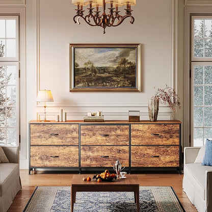 Huuger 63 Inch Long Dresser for Bedroom, Wide TV Stand for 55, 65, 70 Inch TV, 6 Drawer Dresser for Closet with Fabric Drawers, Storage Organizer for Bedroom, Entryway, Rustic Brown