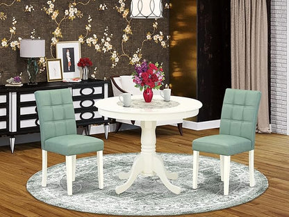 East West Furniture ANAS3-LWH-43 3 Piece Dining Table Set consists A Dinner Table and 2 Willow Green Polyester Fabric Parson Kitchen Chairs with Stylish Back- Linen White Finish