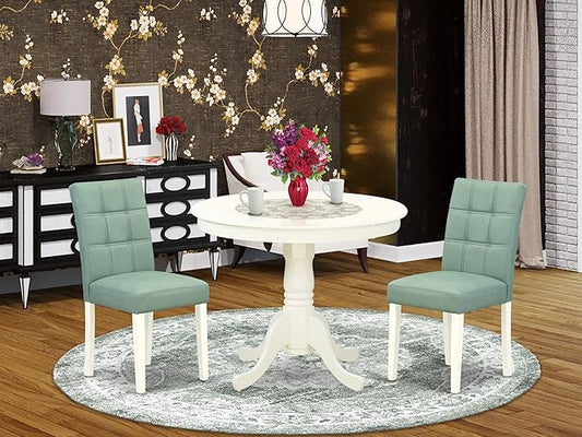 East West Furniture ANAS3-LWH-43 3 Piece Dining Table Set consists A Dinner Table and 2 Willow Green Polyester Fabric Parson Kitchen Chairs with Stylish Back- Linen White Finish
