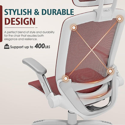 GABRYLLY Ergonomic Office Chair, High Back Home Desk Chair with Headrest, Flip-Up Arms, 90-120° Tilt Lock and Wide Cushion, 400LBS Mesh Chairs for Man Woman, White Task Chair(Red,GY01WR)