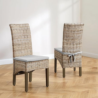 Crosley Furniture Edelyn Natural Rattan Dining Chairs Set of 2, Farmhouse Kitchen Accent Chair with Cushion, Kubu Rattan/Gray