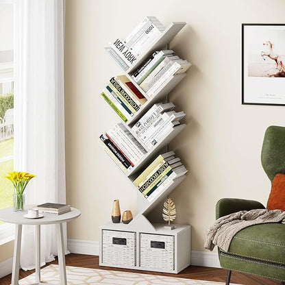 Vagusicc Tree Bookshelf, 6 Tier Bookshelf with Storage, Tall Narrow Bookcase, Rustic Wood Book Storage Rack for CDs/Books, Small Book Organizer Shelves for Bedroom, Living Room, Home Office, White